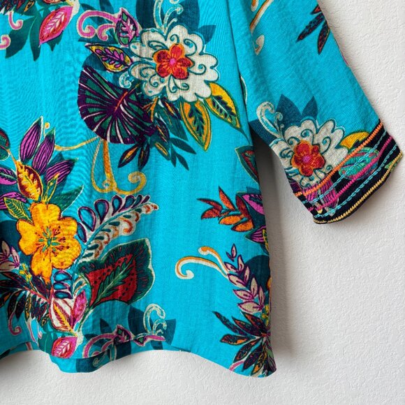 John Mark 1X Boho Vacation Tropical Floral Print Tunic Top Embroidered Trims - Picture 3 of 11
